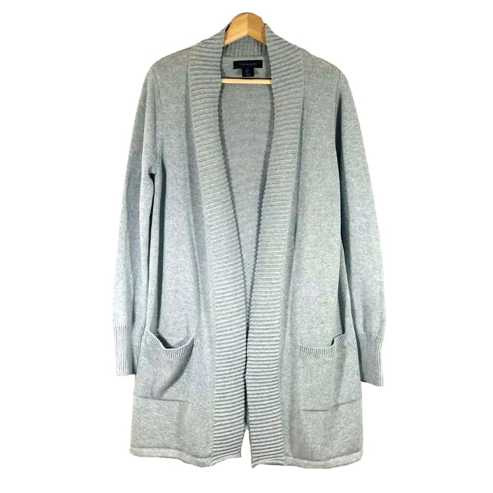 Tahari Open Front Sweater Cardigan Pockets Long Sleeves Gray Sz L
